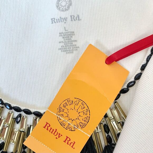 Ruby Rd. Cream Ribbed Beaded Tassel Sleeveless Top NWT - Picture 4 of 4